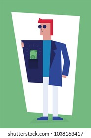 Rich man Concept. Vector illustration of man with Dollar currency banknotes in pocket. Business Concept.