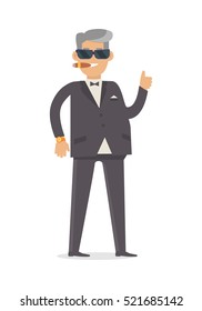 Rich man in expensive suit isolated on white background. Handsome guy in stylish clothes. Middle aged male in glasses and luxury clock smoke cigarette. Cute cartoon character. Vector illustration