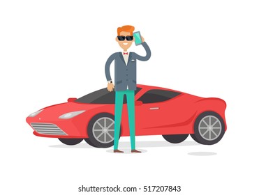 Rich Man In Expensive Suit Standing Near Red Coupe Car Isolated On White. Handsome Guy In Stylish Clothes Near His Cool Car. Young Male In Glasses And Luxury Clock. Cute Cartoon Character. Vector