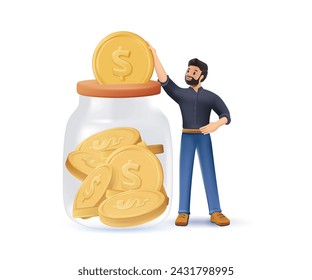 Rich man, finance profit of lottery win or expensive banking deposit, wealthy earning investment, cash financial profit money, illustration of wealth. 3D people character celebrating financial success