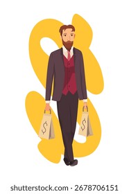 Rico homem plano desenho animado elemento cômico, homem milionário dinheiro ilustração vetor