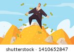 Rich man flat cartoon poster with fat businessman amidst flying dollars on gold mount top vector illustration 