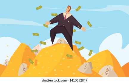 Rich man flat cartoon poster with fat businessman amidst flying dollars on gold mount top vector illustration 