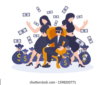 Rich man flat cartoon poster with fat businessman amidst flying dollars. Person sitting with two girls and huge money. Vector illustration of millionaire or billionaire.