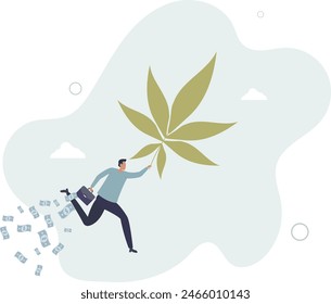 rich man flying with cannabis leaf holding suitcase full of money banknotes.flat vector illustration.