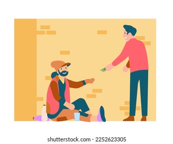 Rich man gives money to unemployed beggar. Person sharing cash with homeless. Charity donation. Financial crisis. Panhandler asking alms. Refugee begging dollar banknote