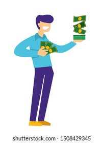 Rich man holding money, happy millionaire, isolated male character vector. Lottery winner or jackpot, gambling game win or business profit. Dollar bills or banknotes in stacks, fortune and wealth