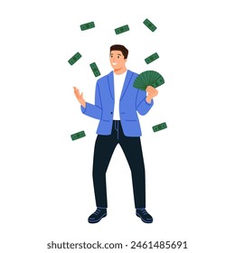 Hombre rico con mucho dinero, dinero en efectivo en las manos. Personaje rico, millonario con fortuna financiera, muchos billetes de papel, billetes, dólares. Ilustración vectorial plana aislada sobre fondo blanco