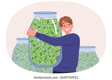 Rich man hugs jar of money, rejoicing at accumulation in pension account and dividends receives. Rich guy became money millionaire thanks to financial literacy and presence of investment consultant