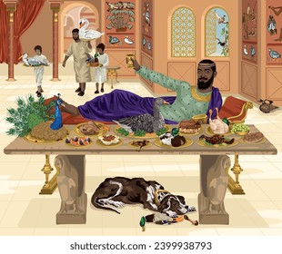 Rich man lies out ready to feast on an array of wild bird meat - each of which is served whole in its natural plumage.  Christian allegory image to depict Psalm 91:7-8.