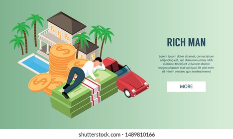 Rich man lying on pack of banknotes near expensive car and luxury villa with pool isometric vector illustration 