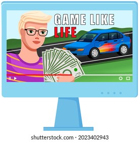 Rich man makes video and talks about success. Successful businessman with money near car. Rich life, successful person, expensive car, wealth. Video blog about wealth and success on computer monitor