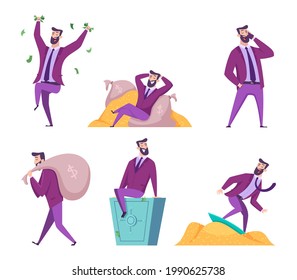 Rich man. Millionaire businessman with self treasures money dollars happy lifestyle exact vector characters in action poses