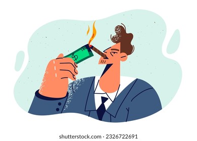 Rich man millionaire smokes cigar and sets dollar bill on fire to show lack of financial problems. Successful millionaire businessman demonstrates extravagance and economic opportunity