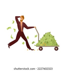 Rich man with pile of money on cart cartoon illustration. Happy millionaire or banker in suit with heap of banknotes and coins isolated on white background. Wealth, finance, success concept