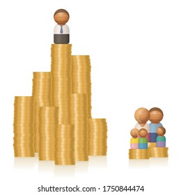 Rich man and poor family. Wealth of a single person on a big pile of money versus poverty of a family with money problems. Symbol for income disparity, different earnings, unfair payments, inequality.