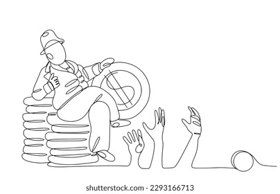 A rich man sits on money. The poor people stretch their hands to him. Social inequality. World Day of Social Justice. One line drawing for different uses. Vector illustration.