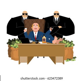 Rich man sits at table and drinks whiskey. To smoke cigar. plutocrat and bag money. Big boss and security. businessman and guards. lot of cash. Office of moneybags