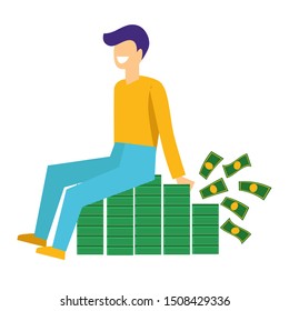 Rich man sitting on big heap of stacked money, lottery winner or successful businessman vector. Billionaire or banker leaning on a huge cash pile. Jackpot or profit, income or gambling game prize