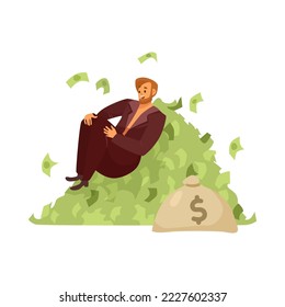 Rich man sitting on huge pile of money cartoon illustration. Happy millionaire or banker in suit with bag of banknotes isolated on white background. Wealth, finance, success concept