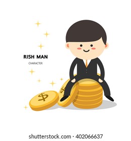 The rich man sitting on a pile of coins, cute business character with flat design.