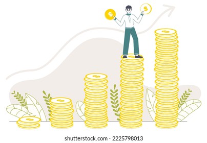 Rich man standing on money stacks, economic development concept. Financial well-being, salary increase, rich guy isolated flat vector illustration on white background