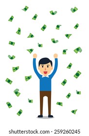 Rich man standing in a rain of money over white background