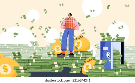 Rich man standing under money rain. Millionaire or successful businessman with stacks of cash, bills bundles, full money bags, safe and falling banknotes bundles, vector flat illustration