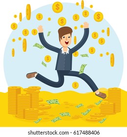 Rich man. Successful joyful businessman running in rain of gold coins and dollars of paper bills. Flat vector cartoon illustration. Objects isolated on a white background.