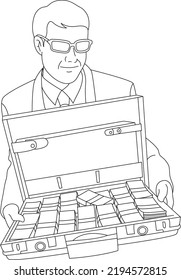 Rich Man with Suitcase Full of Money Line Art 