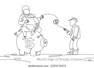 A rich man throws money to a poor man. Social inequality. World Day of Social Justice. One line drawing for different uses. Vector illustration.