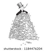  rich man in a top hat and tailcoat sits in a mountain of money and smokes a cigar. cartoon. humor.