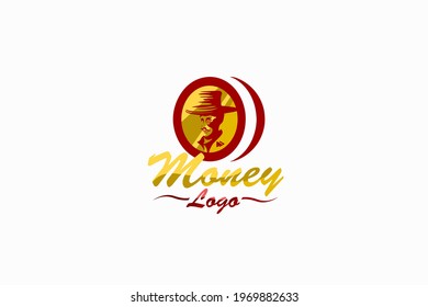 Rich man used hat silhouette in the circle with coin in the eye