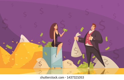 Rich man using wealth to get woman attention with banknotes heaps flat cartoon background poster vector illustration 