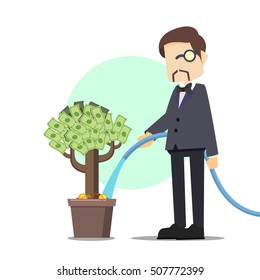 Rich man watering money tree