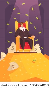 Rich man wealth symbol cartoon composition with millionaire on throne atop gold mount bathing in money vector illustration