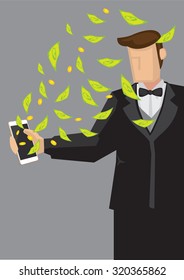 Rich man wearing tuxedo suit holding mobile phone with money flying out. Creative vector cartoon illustration on making money using modern technology concept isolated on grey background.