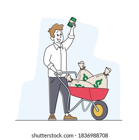 Rich Man with Wheelbarrow full of Dollar Sacks. Male Character Richness, Wealth and Prosperity Concept. Successful Businessman, Investor or Lottery Winner with Money. Linear Vector Illustration