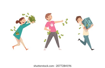 Rich Man and Woman Character with Pile of Cash and Bills Vector Set