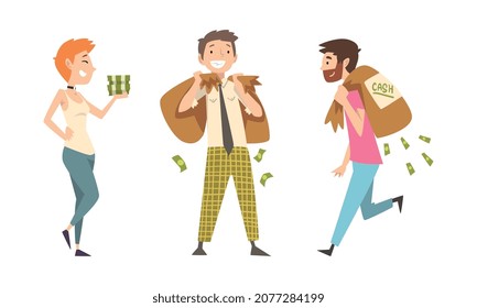 Rich Man and Woman Character with Pile of Cash and Bills Vector Set