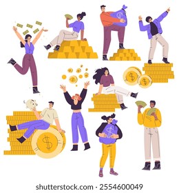 Rich Man and Woman Character with Plenty of Money Vector Set