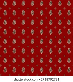 Um fundo vermelho-maroon rico com um padrão repetitivo de desenhos em forma de lágrima em tons de verde, bege e rosa, alternando com minúsculos medalhões florais de quatro pontas em contorno bege. O layout forma um design têxtil simétrico e equilibrado, normalmente usado em tecidos, papéis de parede ou padrões digitais.
