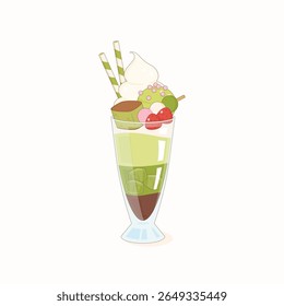 rich matcha flavor japanese-style parfait topped with dango castella cake and strawberry, vector illustration
