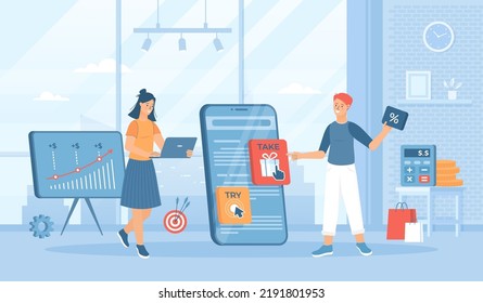 Rich Media Ads. Digital advertising. Interactive animation on the phone screen, Active pop-up banner. Flat cartoon vector illustration with people characters for banner, website or landing page.