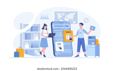 Rich Media Ads. Digital advertising. Interactive animation on the phone screen, Active pop-up banner. Vector illustration with characters in flat design for web banner.	
