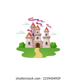 Rich medieval palace with path way to fortress with towers and stone gates, waving flags on top of red roof. Vector ancient royal kingdom architecture, cartoon historic building, castle city citadel