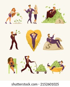 Rich men and women cartoon illustration set. Happy millionaires or bankers sitting on huge bag of money, lying in bathtub full of banknotes, watering money tree. Wealth, finance, success concept