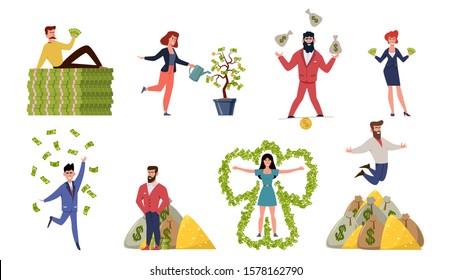 Rich men and women. Wealthy people bathing in money, finance profits. Cash banknote dollar moneybags luxury lifestyle cartoon isolated vector falling finances set