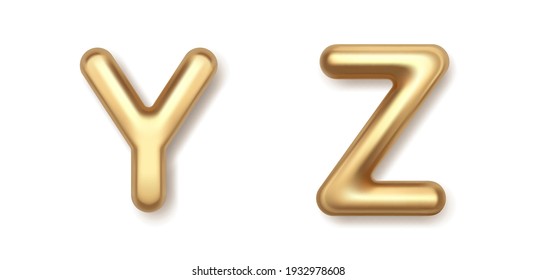 Rich metal Y Z 3d balloons letters vector icons. Gold font with shiny highlights and luxurious yellow. Elegant typeface alphabet set for exclusive advertising and glamorous collection holidays.