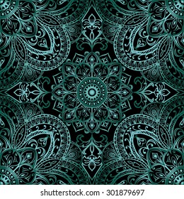 Rich metallic turquoise ornaments on a black background. Vector seamless ornate oriental pattern. Template for textile.